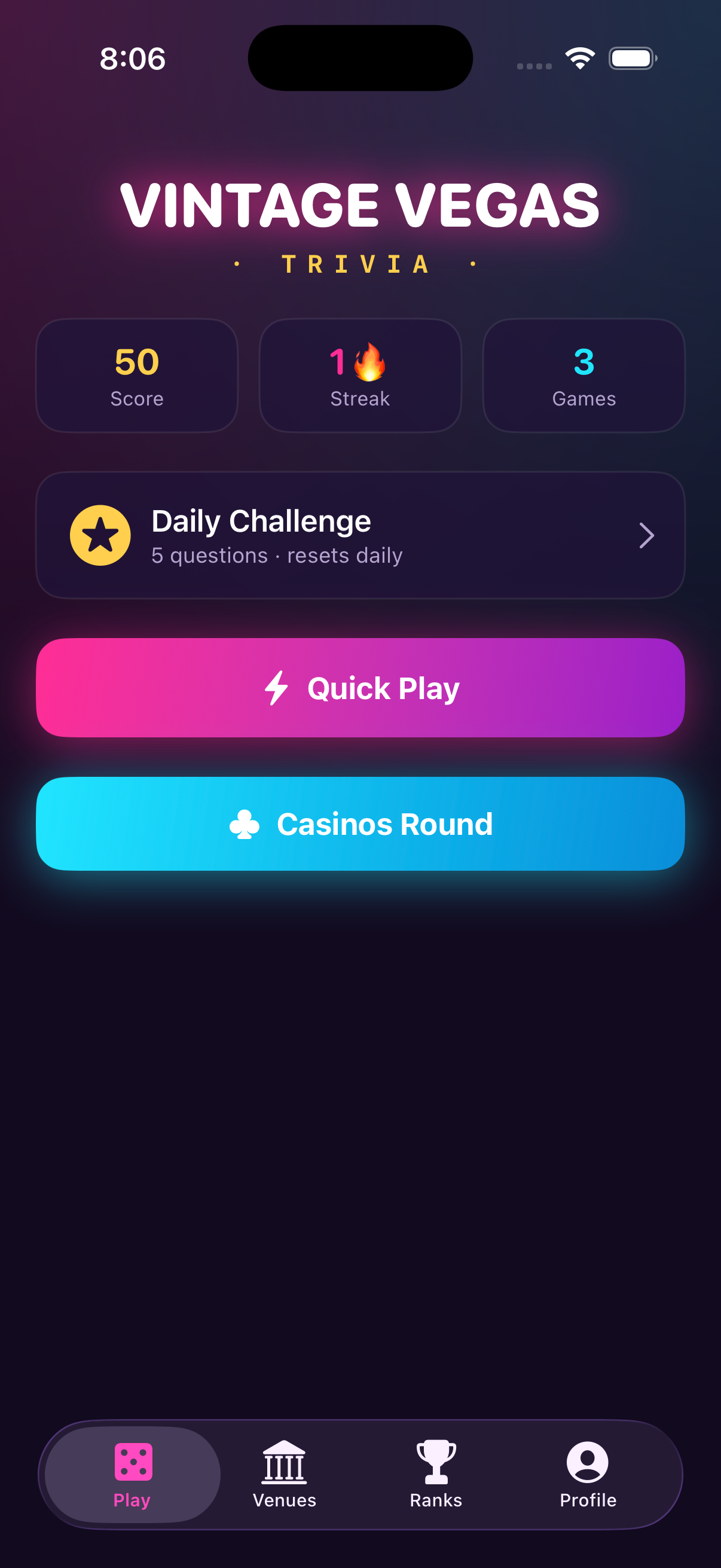 Vintage Vegas Trivia home screen showing score, streak, daily challenge and quick play