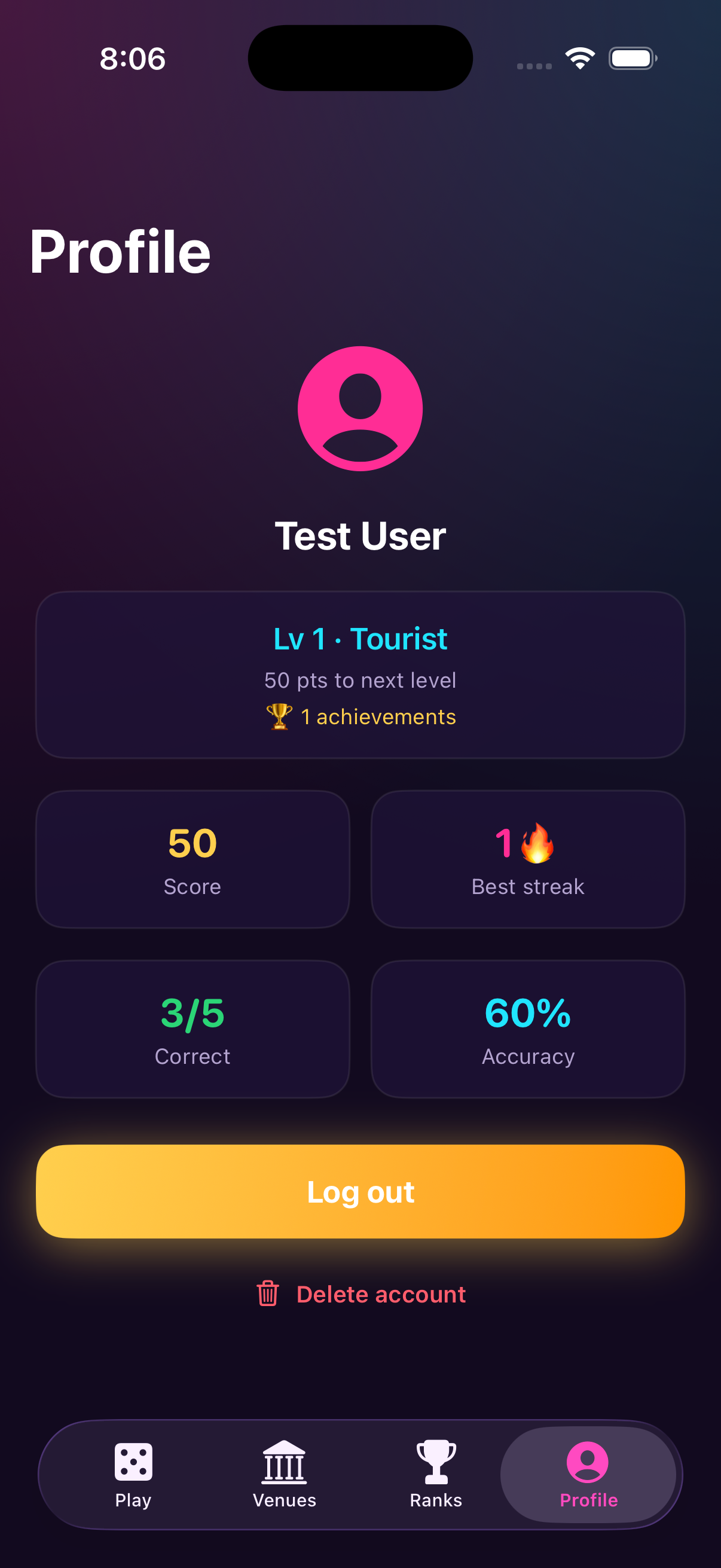 Profile with stats and achievements