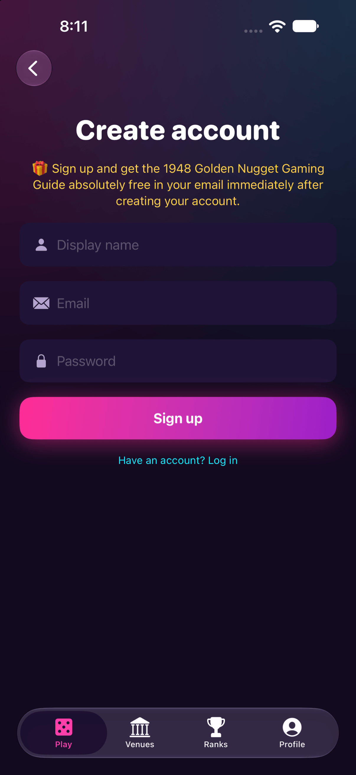 Create account screen