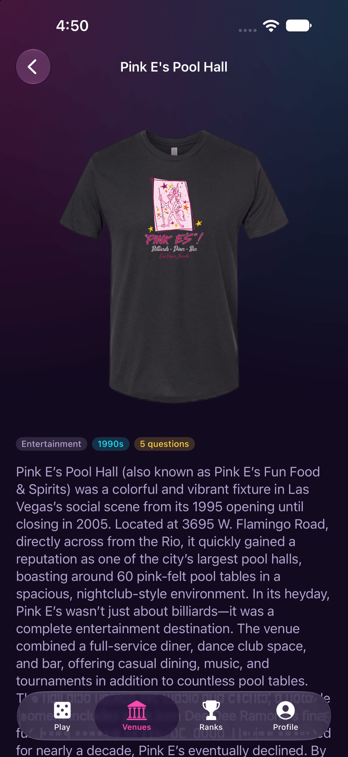 Venue detail with history for Pink E's Pool Hall